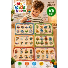 My Kids Room 6'lı Ahşap Puzzle Seti Eğitici Öğretici Bul Tak Yapboz Deniz Araçları Dinozorlar Hava Araçları Mekanlar Meslekler Yiyecekler