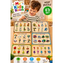 My Kids Room 6'lı Ahşap Puzzle Seti Eğitici Öğretici Bul Tak Yapboz Çiftlik Hayvanları El Aletleri Hava Araçları Kara Taşıtları Meyveler Sayılar