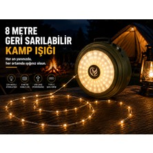 8 Metre Geri Sarılabilir Kamp Işığı - 7 Farklı Aydınlatma LED Modlu - Powerbank Özellikli - Şarjlı Çok Amaçlı Kamp Lambası