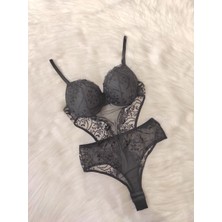 Sarvexa Dolgulu Dantelli Siyah Body Suit Sütyen Takımı B Kap