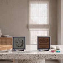 Miawiki Beyaz Konsol ve Sehpa Için Allah C.c. Yazılı Stantlı Tasarım ve Damla Hat Besmele Ikili Takımı 10X10 Cm, Açık Kahve - Kül Gri