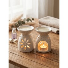 Seda Seramik Simli 2'li Buhurdanlık Seti – Çiçek Desenli Seramik Mum Yakıcı 11X8 cm