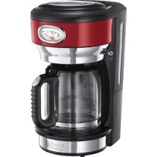 Happy Trend Russell Hobbs 21700-56 Retro Ribbon Filtre Kahve Makinesi Kırmızı, 10 Fincana Kadar, 1.25 L Cam Sürahi, Retro Tasarım, Demleme ve Isıtma Ekranı, Otomatik Kapanma, Isıtma Plakası, 1000W