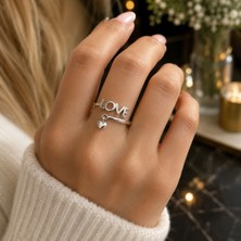 Novada 925 Ayar Gümüş Love Kalp Detaylı Ayarlanabilir Yüzük