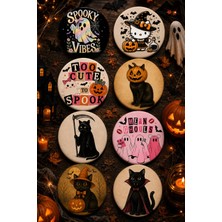 Mashspot Halloween 8'li Kedi ve Hayalet Temalı 58 mm Rozet Seti | Cadılar Bayramı Rozetleri | Çanta Mont Ceket Aksesuarı
