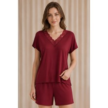 Jusmart Kadın Kırmızı Kısa Kollu V Yakalı Lez Dantelli Viskon Şort Takımı Cepli 2'li Alt Üst Pijama Takımı %94 Viskon %6 Elastan Örme Kumaş Ring Kalite Rahat Şık Konforlu Ev Giyim Homewear