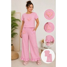 Daisy Tasarım Pitikareli Pembe   Bluz  ,tişort , Pantolon Takım