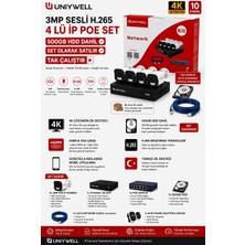 Uniywell 4’lü 3mp Sesli Ip Poe Kamera Sistemi – 500GB HDD + 100M Cat6 Kablo Dahil, 4K Nvr, Tak Çalıştır