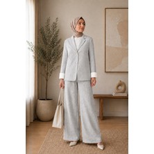 Stil Kuşağı Kadın Mavi Dokulu Açık Gri Keten Blazer Takım