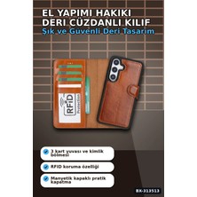 MiraLive El Yapımı Hakiki Deri Cüzdanlı Kılıf - Samsung Galaxy S25 Uyumlu, Gölgeli Taba BX-313513