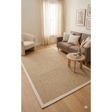 Nevmahall Modern Tasarımlı Bej Kumaş Bordürlü Sisal Dokuma Halı Natural