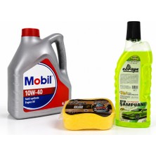 Mobil Motor Yağı 10W-40 4 Litre + Oto Şampuan 1000 ml + Yıkama Süngeri