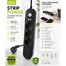 Blic Blıc Ftr-01 2500W Termal Akım Korumalı 3’lü Priz 2 USB + Type-C Pd 20W Hızlı Şarj 2 Metre Kablolu