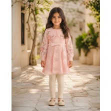 Kanaviçe Nakışlı Kemerli Dantel Motifli Kız Çocuk Pembe Elbise