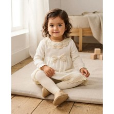 Ekru Müslin Kumaş Dantelli Kız Bebek Elbise Mevsimlik