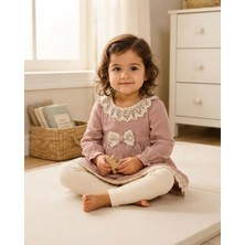 Kız Bebek Pudra Rengi Müslin Dantelli Uzun Kollu Elbise