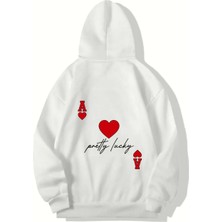 Brz Collection Unisex Oversize Pretty Lucky Kalp ve As Hoodie Beyaz