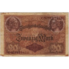 Banknoting Almanya 20 Mark 1914 I. Dünya Savaşı Dönemi. Temiz+