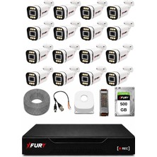 Fury 16 Kameralı 5mp Lens 1080P 6 Warm LED Renkli Gece Görüşlü Güvenlik Kamera Sistemi 500GB 1606
