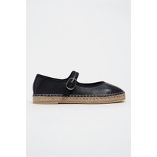 Nişantaşı Shoes Cutis Siyah Deri Hasır Taban Detay Kadın Espadril Babet