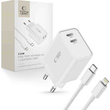 Tech-Protect C35W 2 Portlu Ağ Şarj Cihazı Pd 35W + Lightning Kablosu Beyaz