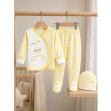 Bebek Star Kendinden Eldivenli Şapkalı Sarı Bulut Desenli %100 Cotton Zıbın Takımı