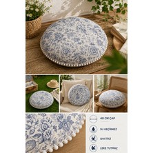 Rona Home Yuvarlak Minder 40 cm Çap Çiçekli Dekoratif Puf Minder Su Geçirmez Sıvı Itici Leke Tutmaz Ev Dekoru