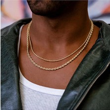 Parla Aksesuar Erkek Halat Zincir Kolye Bileklik Set 316L Çelik 14K Altın Kaplama 2mm