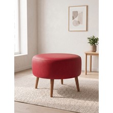 Azra Mobilya Büyük Large Puf Deri Kırmızı , Ahşap Ceviz Ayaklı Lüks Orta Sehpa ve Makyaj Pufu 60X46 cm