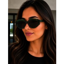 Bymiel Kadın Yeşil Geometrik Cat Eye Güneş Gözlüğü UV400 Korumalı Siyah Camlı