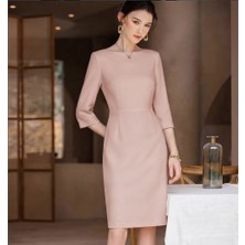 Nake Butik Kadın Bisiklet Yaka Midi Boy Üç Çeyrek Kol Arkası Fermuarlı Elbise