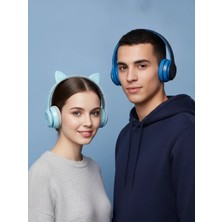 Joyplus Kedi Kulaklı Açık Mavi ve Mavi Katlanabilir Bluetooth Kulaklık Seti