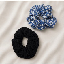 Tcey 2’li Oversize Scrunchie Lastik Toka Seti – Siyah & Mavi Çiçekli