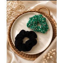 Tcey 2’li Oversize Scrunchie Lastik Toka Seti – Siyah & Yeşil Çiçekli