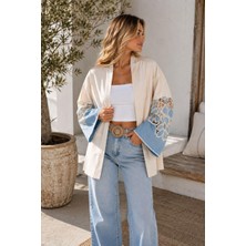 Benedetto Kadın Özel Tasarım Çiçek Dantelli Denim Detaylı Modern Kimono Ceket