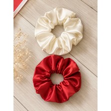 Tcey 2’li Saten Scrunchie Lastik Toka Seti – Kırmızı & Ekru