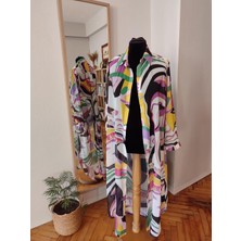 Kadın Renkli Desenli Oversize Gömlek Elbise - Plaj Kimono Pareo