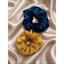 Tcey 2’li Kadife Oversize Scrunchie Lastik Toka Seti – Lacivert & Hardal