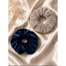 Tcey 2’li Oversize Scrunchie Lastik Toka Seti – Lacivert Kadife & Taş Simli