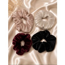 Tcey 4’lü Oversize Scrunchie Lastik Toka Seti – Bordo, Siyah, Pudra & Taş
