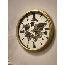 Time Gold Dünya Tasarımlı Çark Detaylı Duvar Saati Dekorasyon Saat