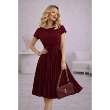 Twomeey Eteği Pileli Beli Kuşaklı  Krep Kumaş Elbise (Renkli)