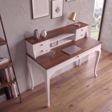 Roys Ahşap 100 cm 5 Çekmeceli Beyaz Ceviz Raflı Masif Çalışma Masası