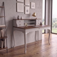 Roys Ahşap 110 cm 5 Çekmeceli Açık Gri Ceviz Raflı Masif Çalışma Masası