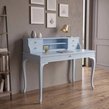 Roys Ahşap 110 cm 5 Çekmeceli Açık Mavi Raflı Masif Çalışma Masası