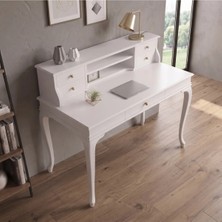 Roys Ahşap 100 cm 5 Çekmeceli Beyaz Raflı Masif Çalışma Masası