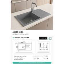 Güney Ankastre Realstone P011 Assos 86 Xl 86 × 43,5 cm Gri Granit Evye + Güçlendirilmiş Tek Giderli Sifon ve Montaj Seti