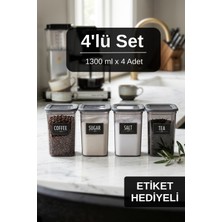 Ironika 4lü Etiket Hediyeli Silikon Kapaklı 1300 ml Çay Kahve Şeker Tuz Saklama Kabı Erzak Gıda Saklama Kabı