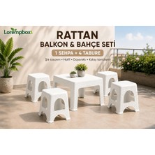 Lorempbox Rattan Balkon & Bahçe Seti 5 Parça – 1 Sehpa + 4 Tabure Beyaz