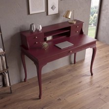 Wooding Mobilya 100 cm 5 Çekmeceli Bordo Raflı Masif Çalışma Masası